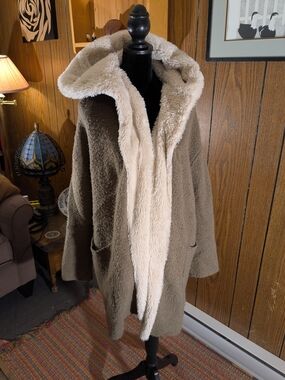 Zara Hooded Faux Shearling Teddy Coat in Taupe with Partial Cream Lining